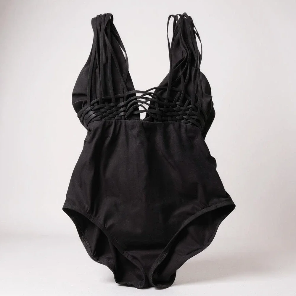 Badgley Mischka Black One Piece Swimsuit Plunge Braided Straps Size‎ 6